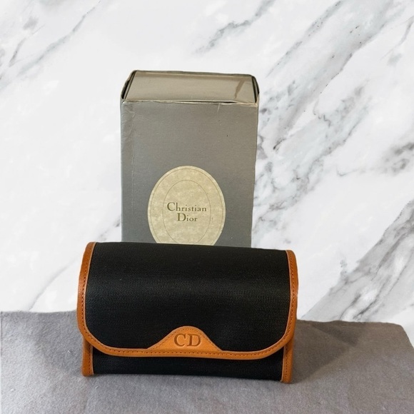 Christian Dior Vintage Black and Natural Leather Trim Pouch with Box NWOT - Picture 1 of 7